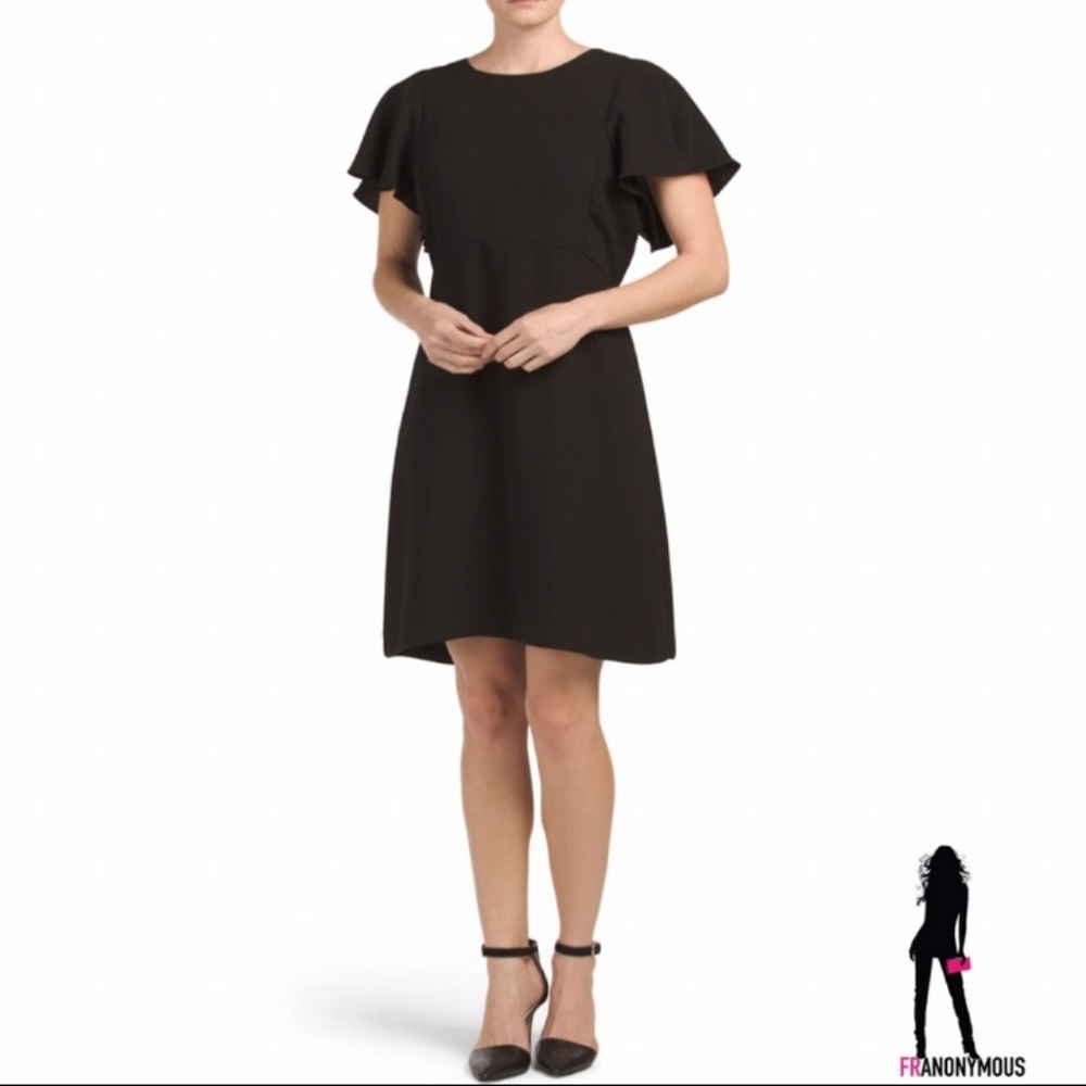 Black Crepe Flutter Sleeve Dress